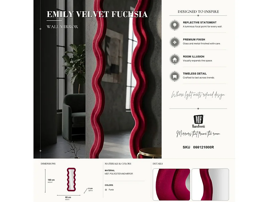 Fuchsia fluwelen wandspiegel 60x6x160 cm