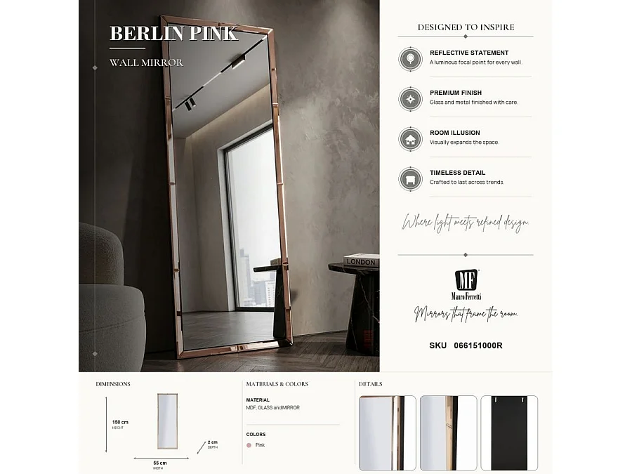 Specchio da parete con cornice in vetro rosa cm 55x2x150