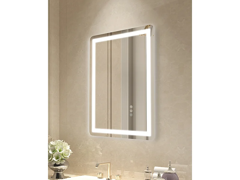 Espejo de Pared SucceBuy, 50 x 70 cm, Espejo de Baño LED, Montaje en Pared, Antiniebla, 3 Colores de Temperatura Ajustables