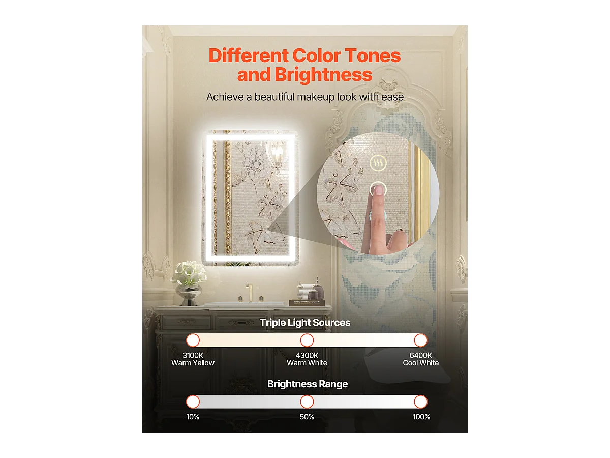 Miroir Mural SucceBuy, 50 x 70 cm, Miroir de Salle de Bain LED, Montage Mural, Antibuée, 3 Couleurs de Température Réglables