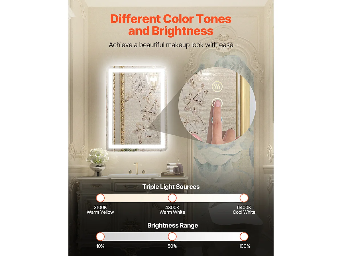 Miroir Mural SucceBuy, 50 x 70 cm, Miroir de Salle de Bain LED, Montage Mural, Antibuée, 3 Couleurs de Température Réglables