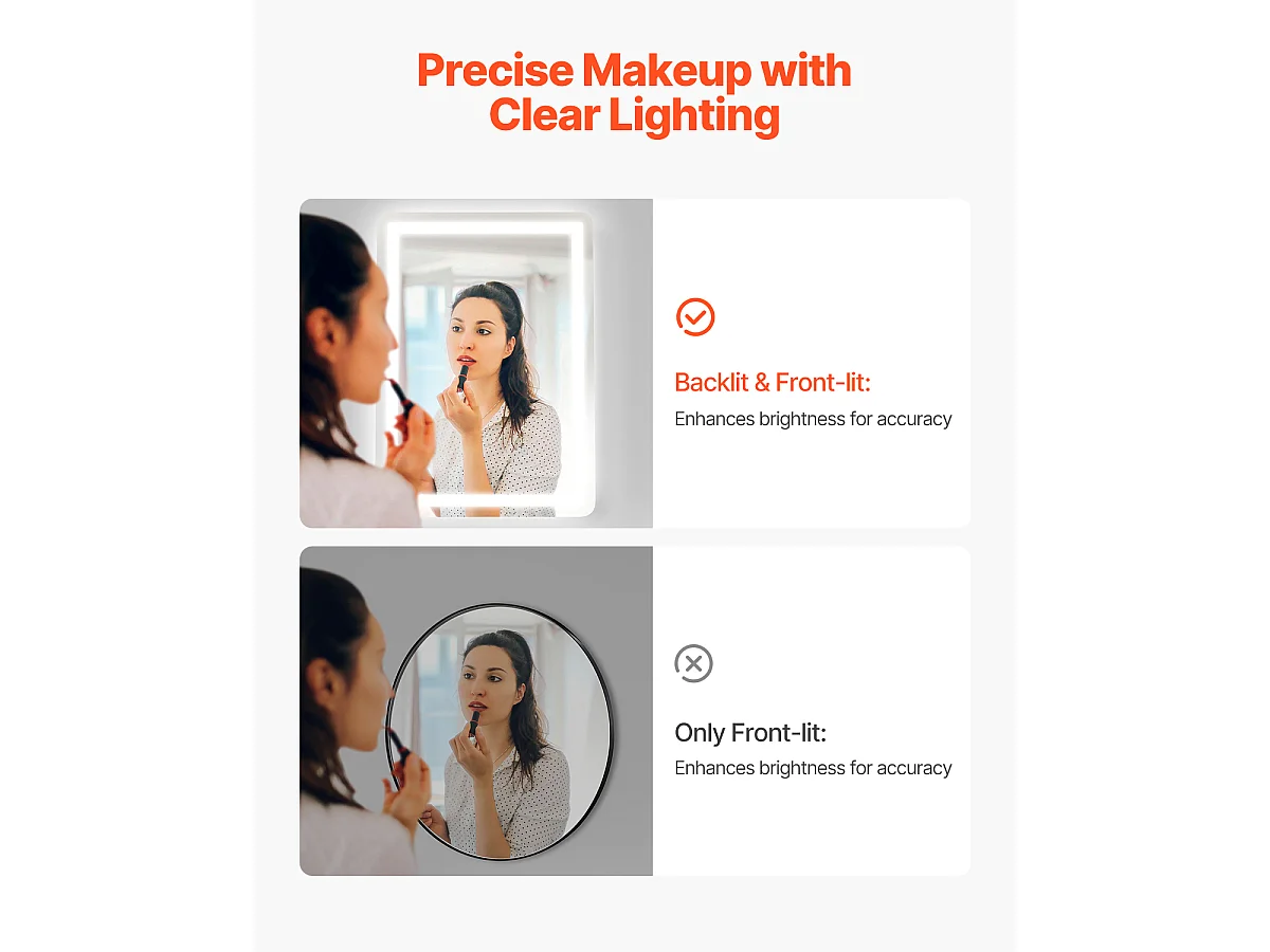 Miroir Mural SucceBuy, 50 x 70 cm, Miroir de Salle de Bain LED, Montage Mural, Antibuée, 3 Couleurs de Température Réglables