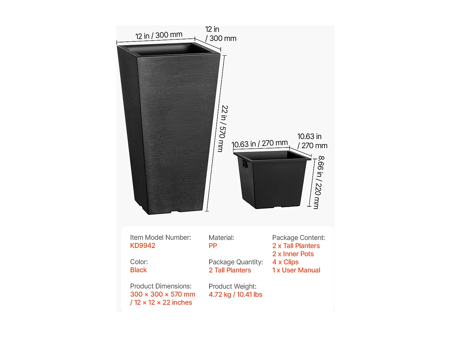 Bloempot SucceBuy, Set van 2 Hoge Plantenbakken - 56 cm Vierkante Taps Toelopende Plantenbakken voor Buiten/Binnen Gebruik