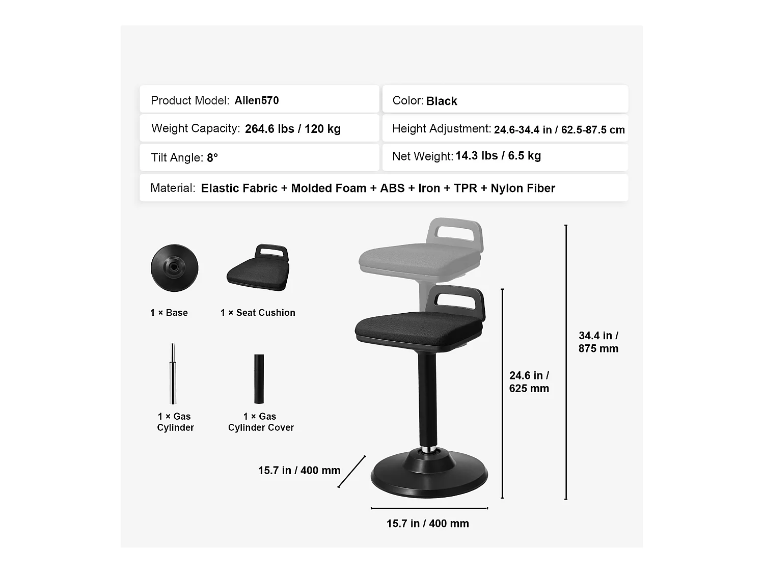 Tabouret Oscillant Chaise Active à Hauteur Réglable (62.48 à 87.38 cm) SucceBuy Wobble Chair avec Poignée, Noir
