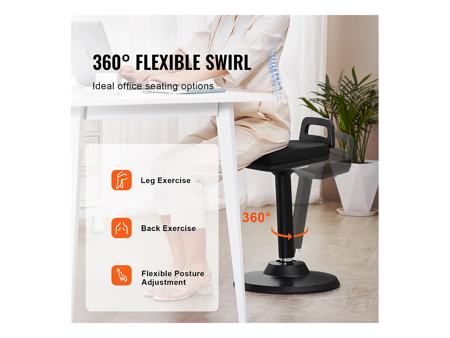 Tabouret Oscillant Chaise Active à Hauteur Réglable (62.48 à 87.38 cm) SucceBuy Wobble Chair avec Poignée, Noir