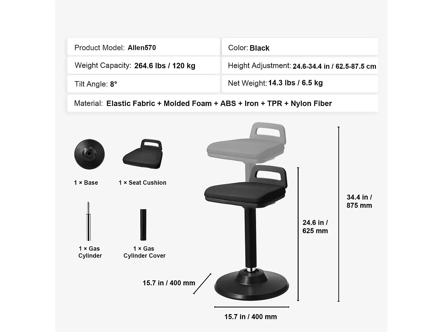 Tabouret Oscillant Chaise Active à Hauteur Réglable (62.48 à 87.38 cm) SucceBuy Wobble Chair avec Poignée, Noir