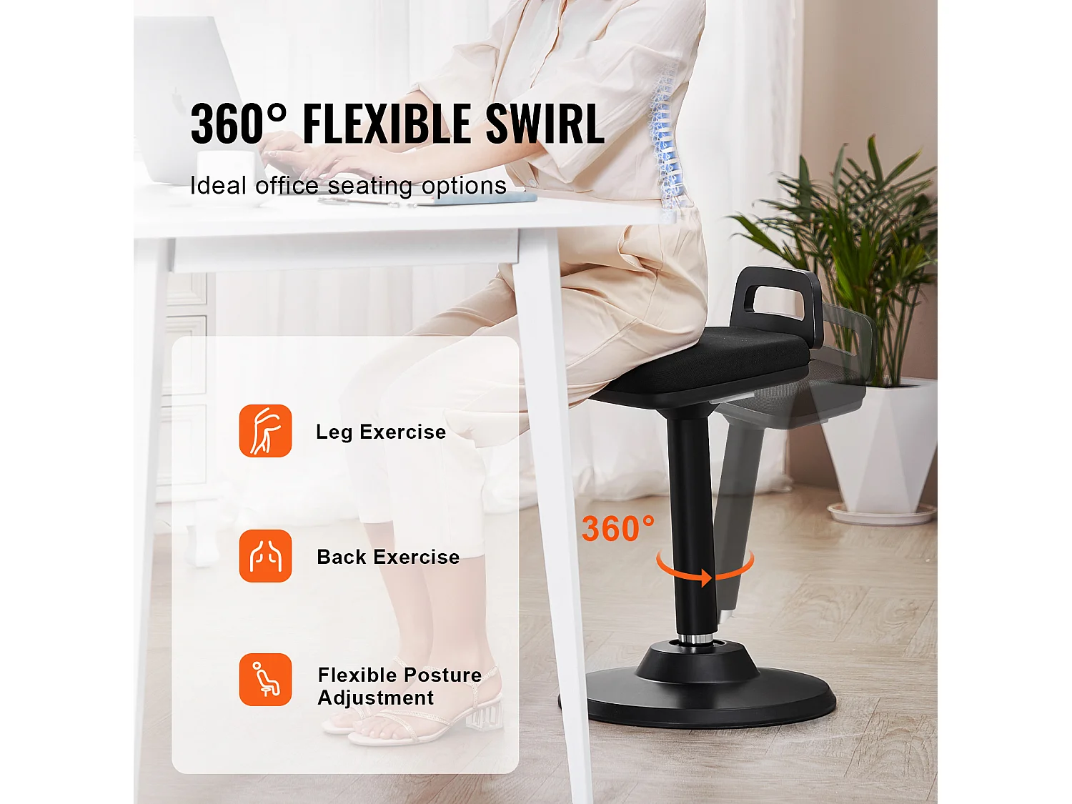 Tabouret Oscillant Chaise Active à Hauteur Réglable (62.48 à 87.38 cm) SucceBuy Wobble Chair avec Poignée, Noir