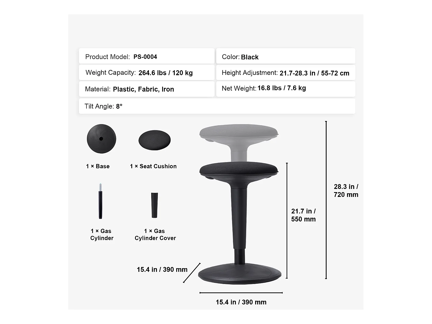 Sgabello Oscillante Sedia Girevole SucceBuy Regolabile In Altezza (55.12-71.88 cm) Sedia Attiva Per 12-18 Anni, Nero