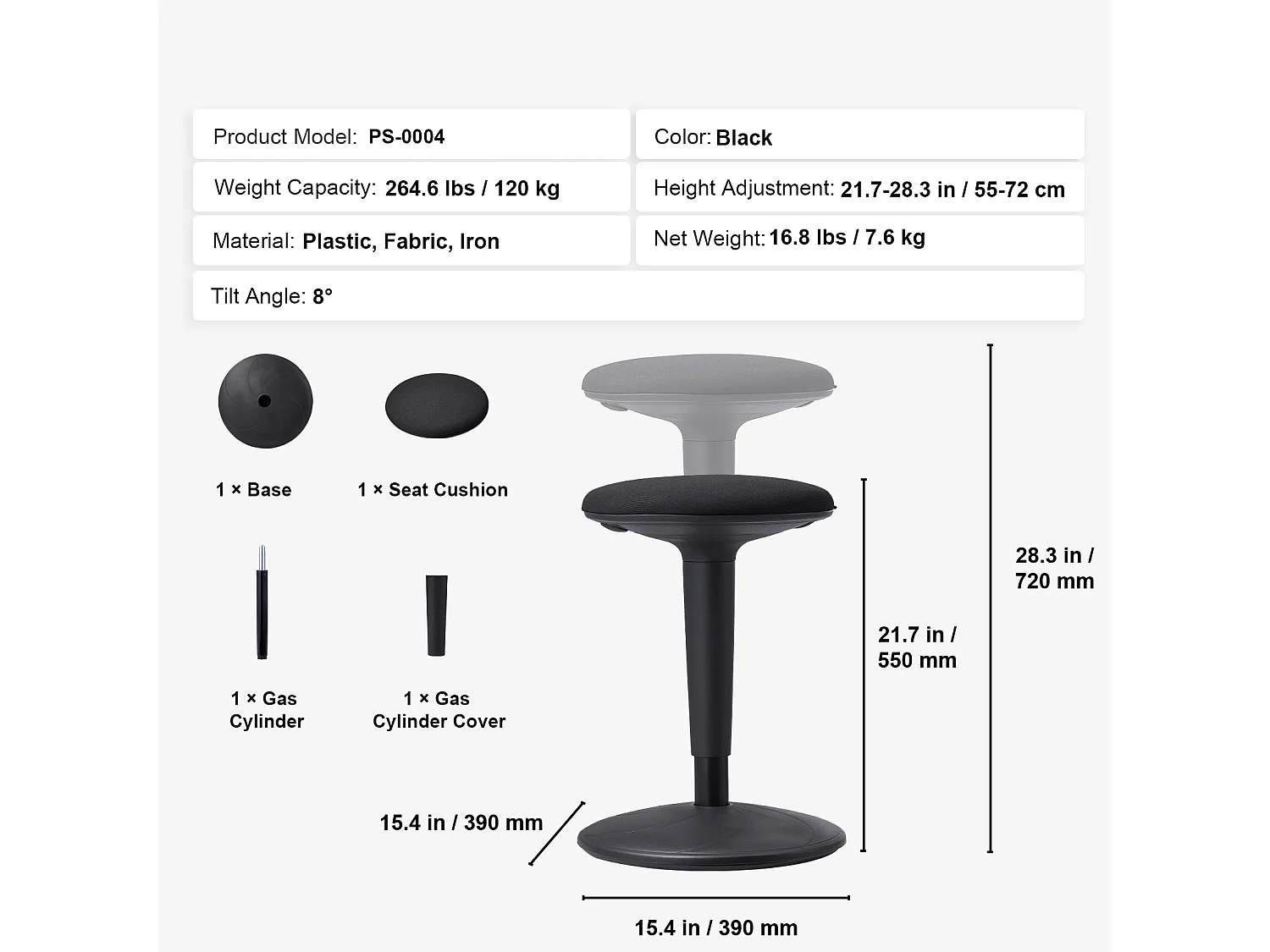 Schwankender Hocker Drehstuhl SucceBuy Höhenverstellbar (55.12-71.88 cm) Aktive Sitzgelegenheit Für 12-18 Jahre, Schwarz