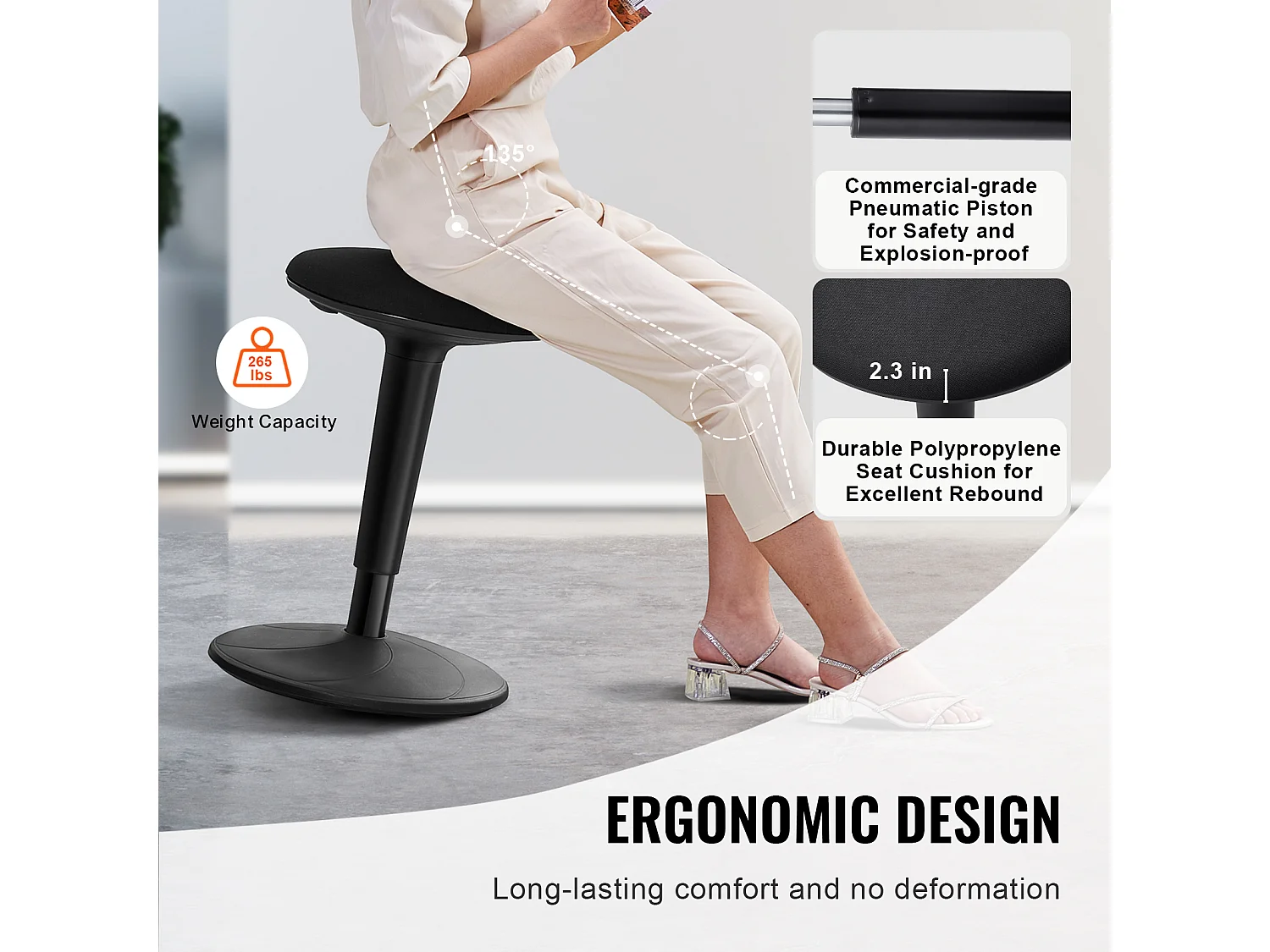 Schwankender Hocker Drehstuhl SucceBuy Höhenverstellbar (55.12-71.88 cm) Aktive Sitzgelegenheit Für 12-18 Jahre, Schwarz