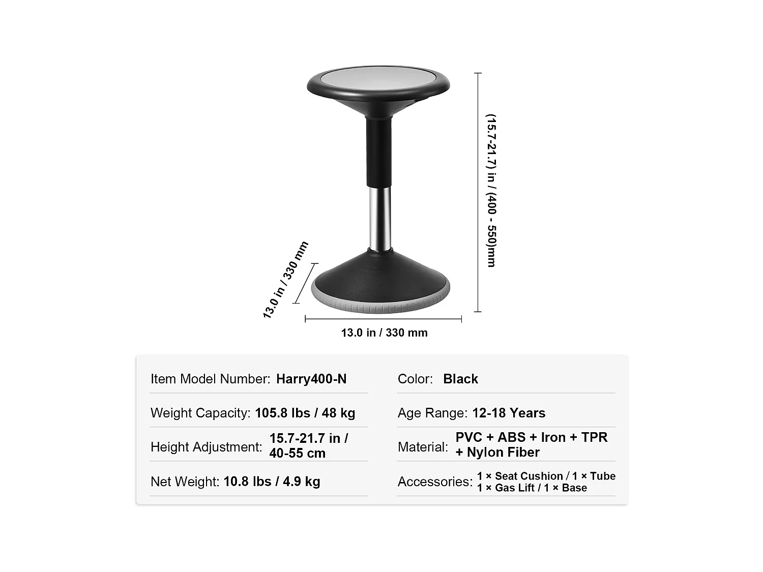 Tabouret Oscillant SucceBuy Wobble Chair Chaise Active Réglable en Hauteur (39.88-55.12cm) Âge 12-18 Ans Noir