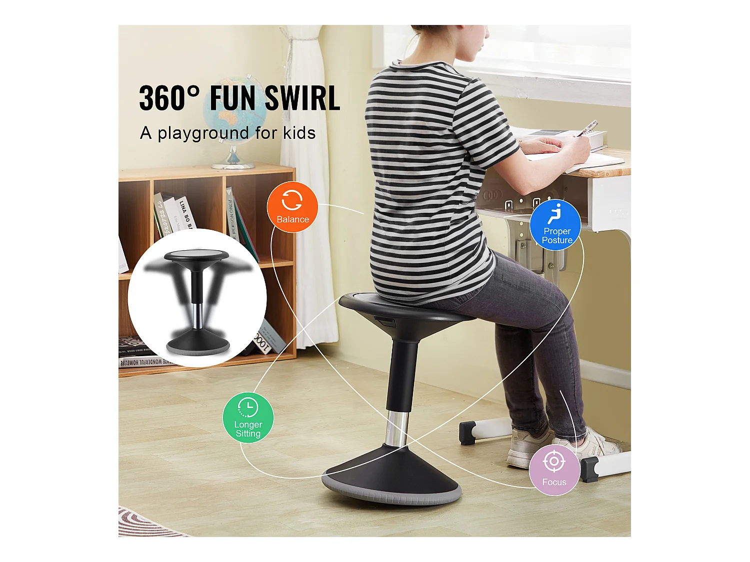 Tabouret Oscillant SucceBuy Wobble Chair Chaise Active Réglable en Hauteur (39.88-55.12cm) Âge 12-18 Ans Noir