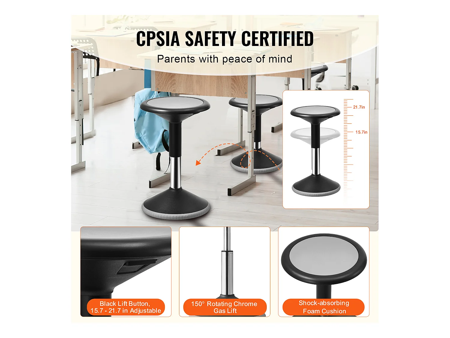 Tabouret Oscillant SucceBuy Wobble Chair Chaise Active Réglable en Hauteur (39.88-55.12cm) Âge 12-18 Ans Noir