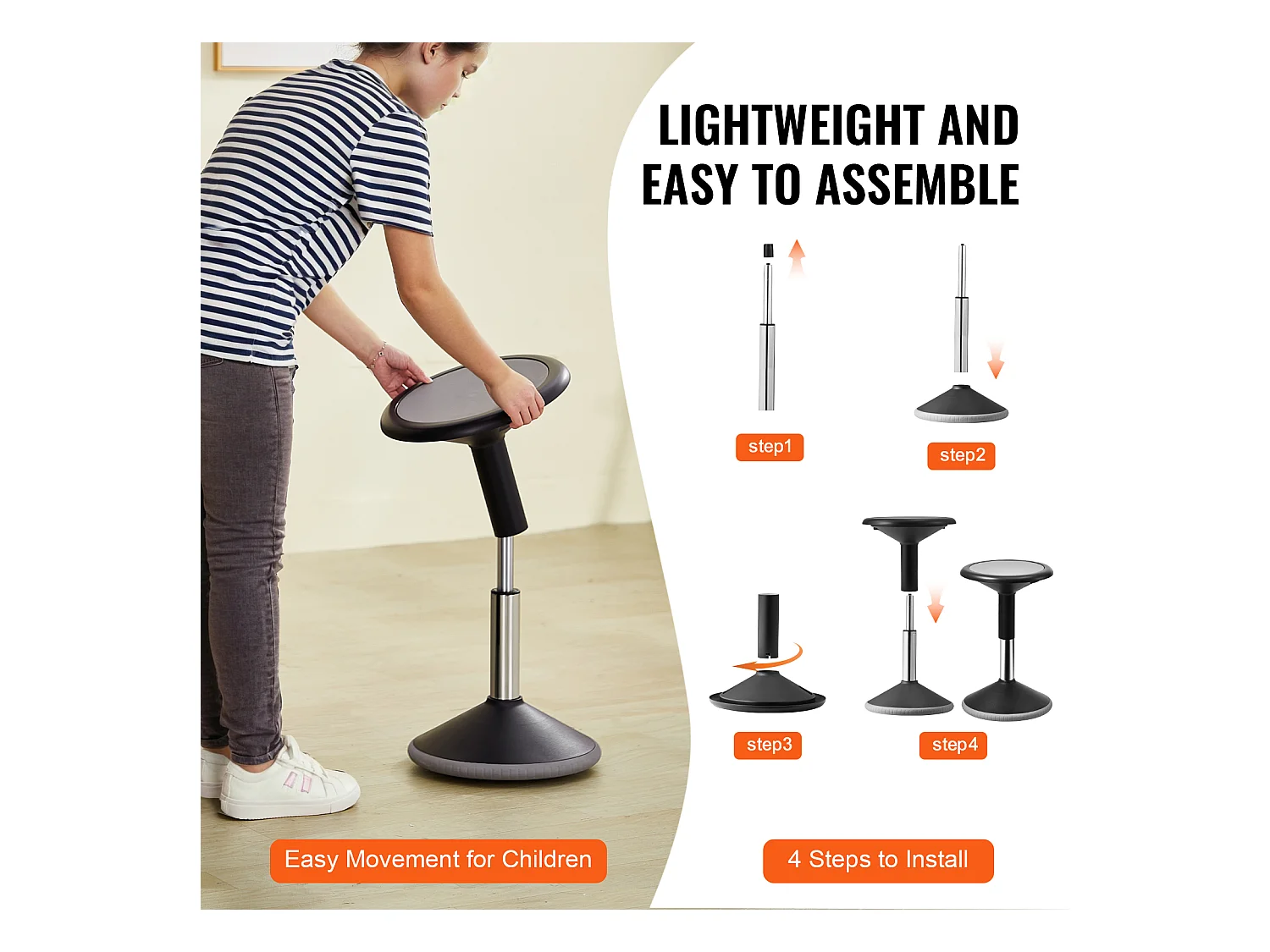 Tabouret Oscillant SucceBuy Wobble Chair Chaise Active Réglable en Hauteur (39.88-55.12cm) Âge 12-18 Ans Noir