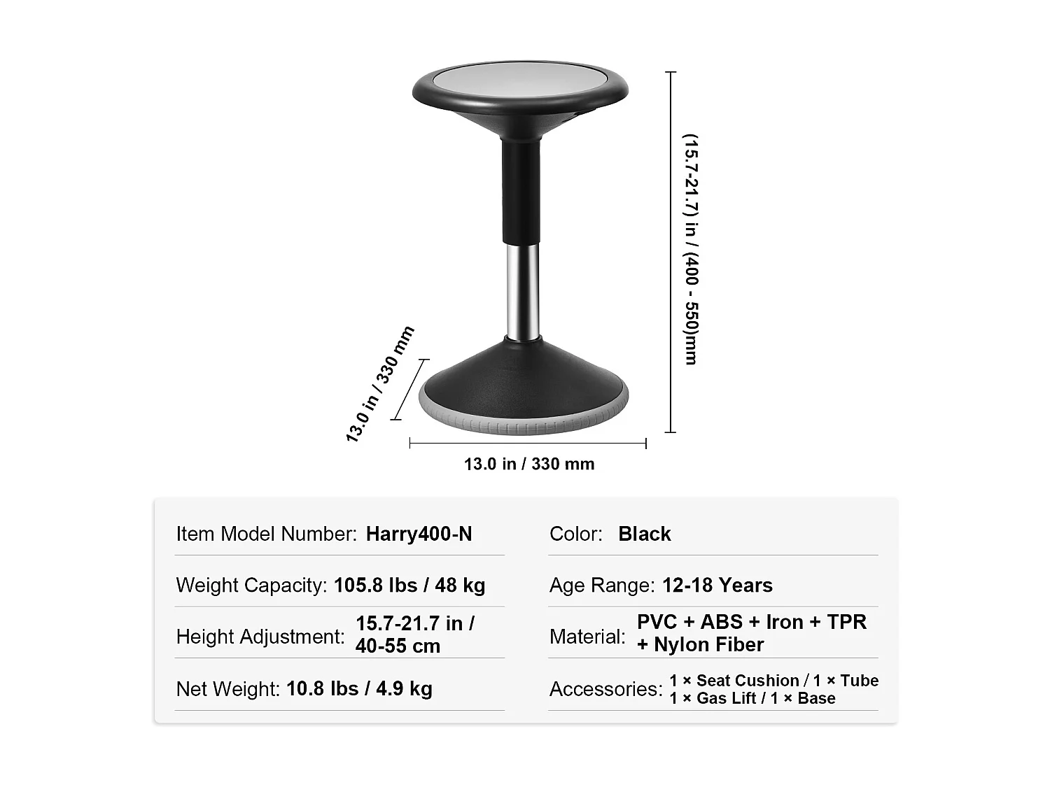 Tabouret Oscillant SucceBuy Wobble Chair Chaise Active Réglable en Hauteur (39.88-55.12cm) Âge 12-18 Ans Noir