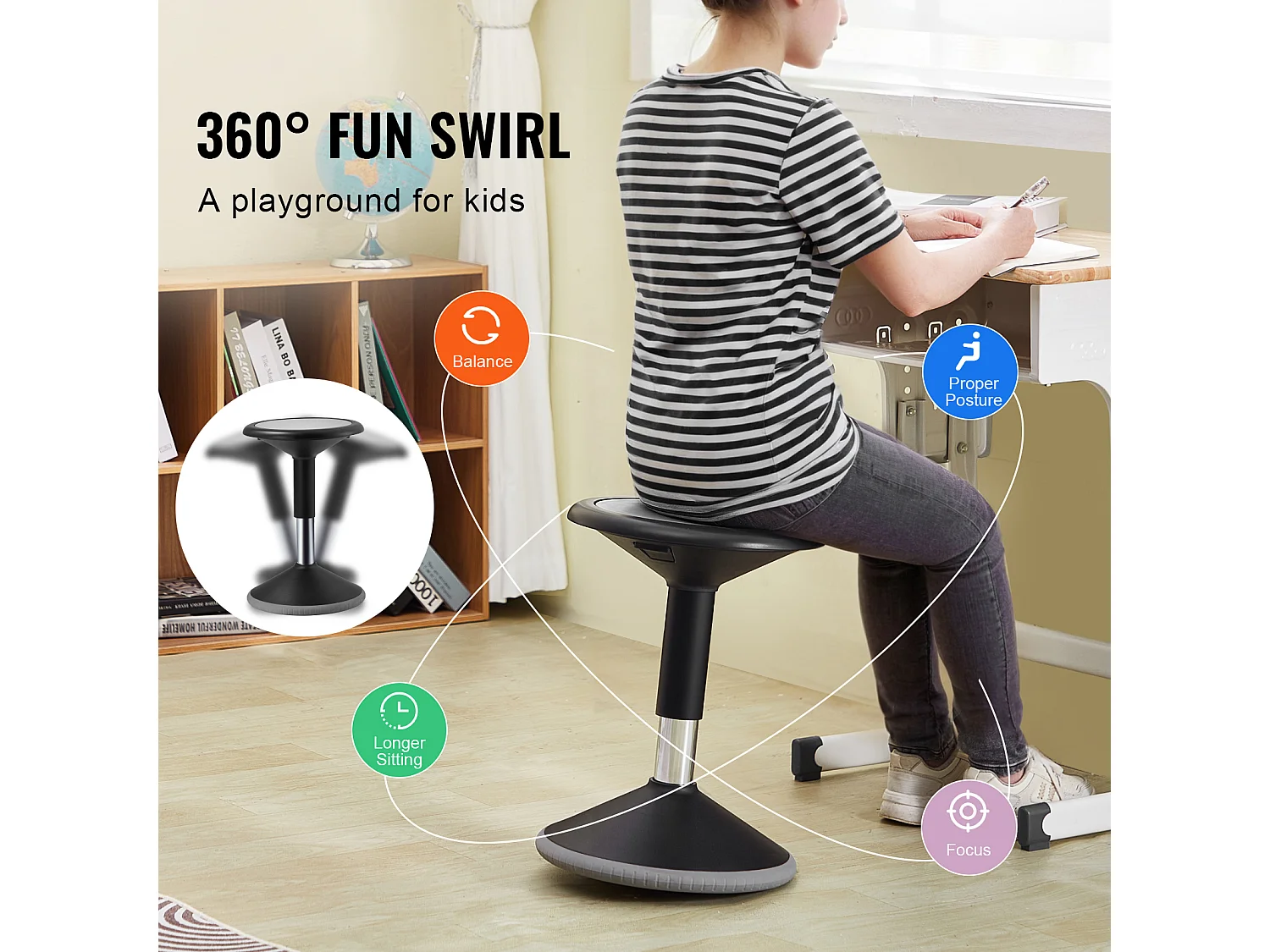 Tabouret Oscillant SucceBuy Wobble Chair Chaise Active Réglable en Hauteur (39.88-55.12cm) Âge 12-18 Ans Noir