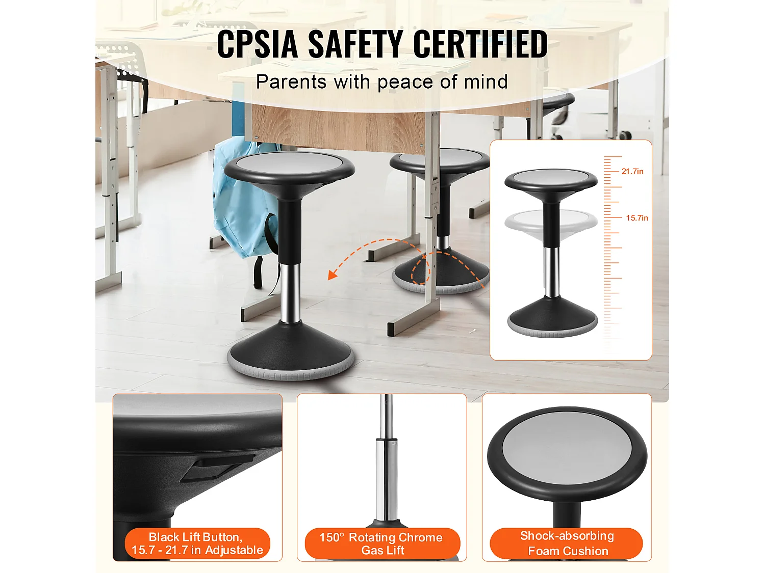 Tabouret Oscillant SucceBuy Wobble Chair Chaise Active Réglable en Hauteur (39.88-55.12cm) Âge 12-18 Ans Noir