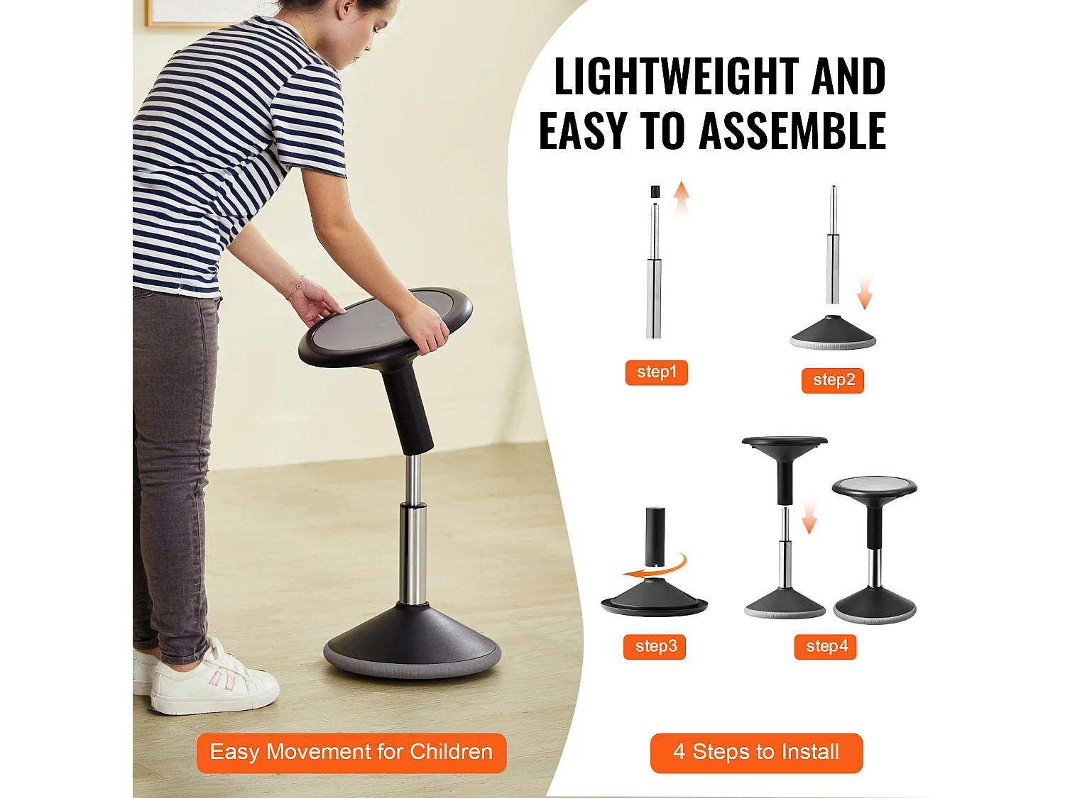 Tabouret Oscillant SucceBuy Wobble Chair Chaise Active Réglable en Hauteur (39.88-55.12cm) Âge 12-18 Ans Noir