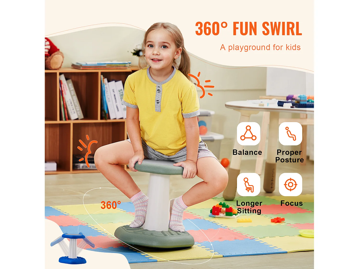 Sgabello Oscillante SucceBuy Per Bambini Con Cuscino In Schiuma, 3-7 Anni, Verde