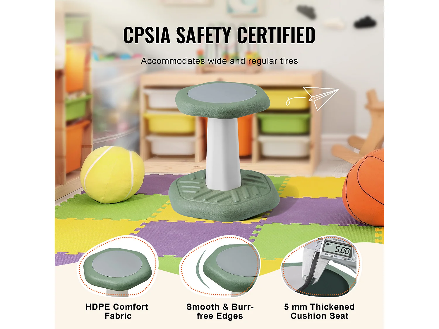 Sgabello Oscillante SucceBuy Per Bambini Con Cuscino In Schiuma, 3-7 Anni, Verde