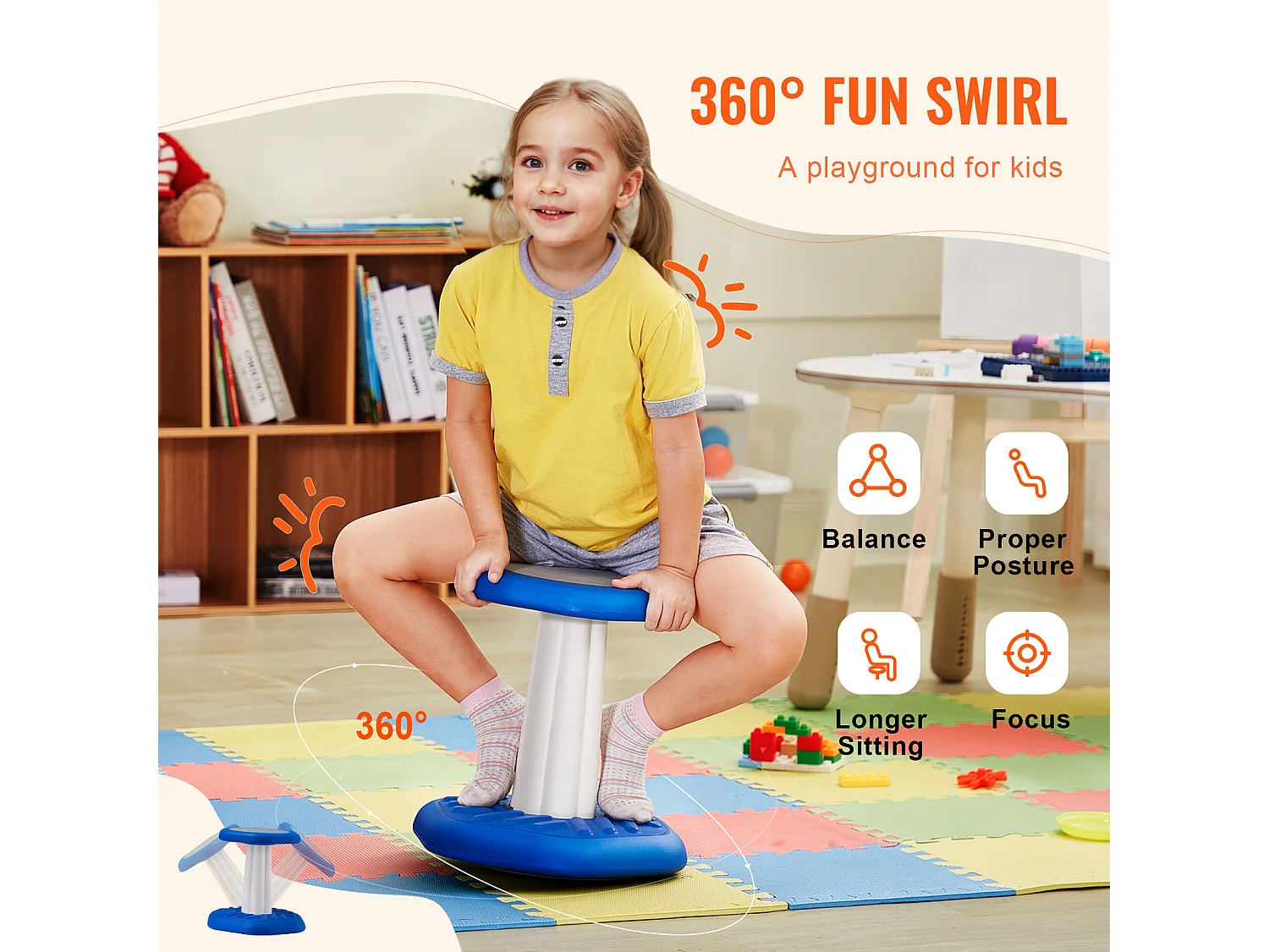 Pufe Oscilante SucceBuy Kids Wobble Chair Cadeira Ativa Com Almofada De Espuma Para 3-7 Anos, Azul