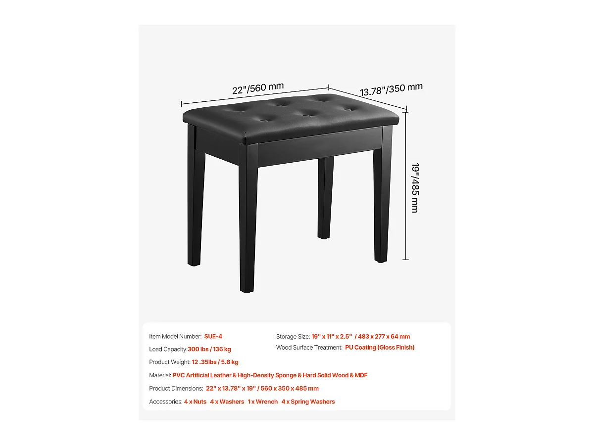 Banc de Piano SucceBuy avec Siège Rembourré, Tabouret de Rangement en Bois, Meuble-Lavabo - Design Polyvalent avec Espace de Rangement Intégré