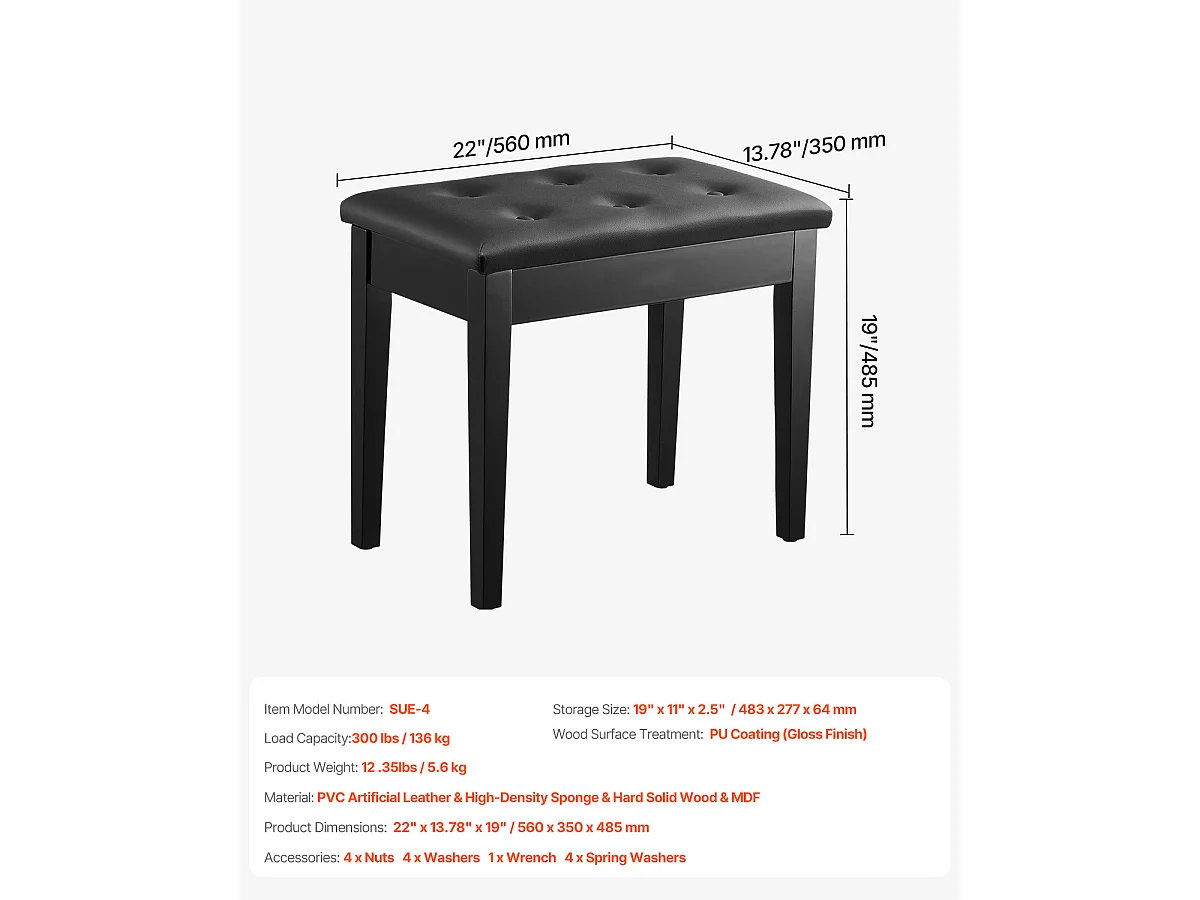 Banco de Piano SucceBuy con Asiento Acolchado, Taburete de Almacenamiento de Madera, Mueble-Lavabo - Diseño Versátil con Almacenamiento Integrado