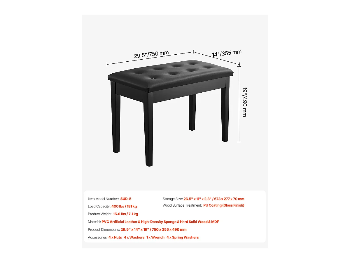 Piano Bank SucceBuy met Gestoften Zitting, Opbergkruk Hout, Wastafel-Meubel - Elegante Combinatie van Comfort en Opslag
