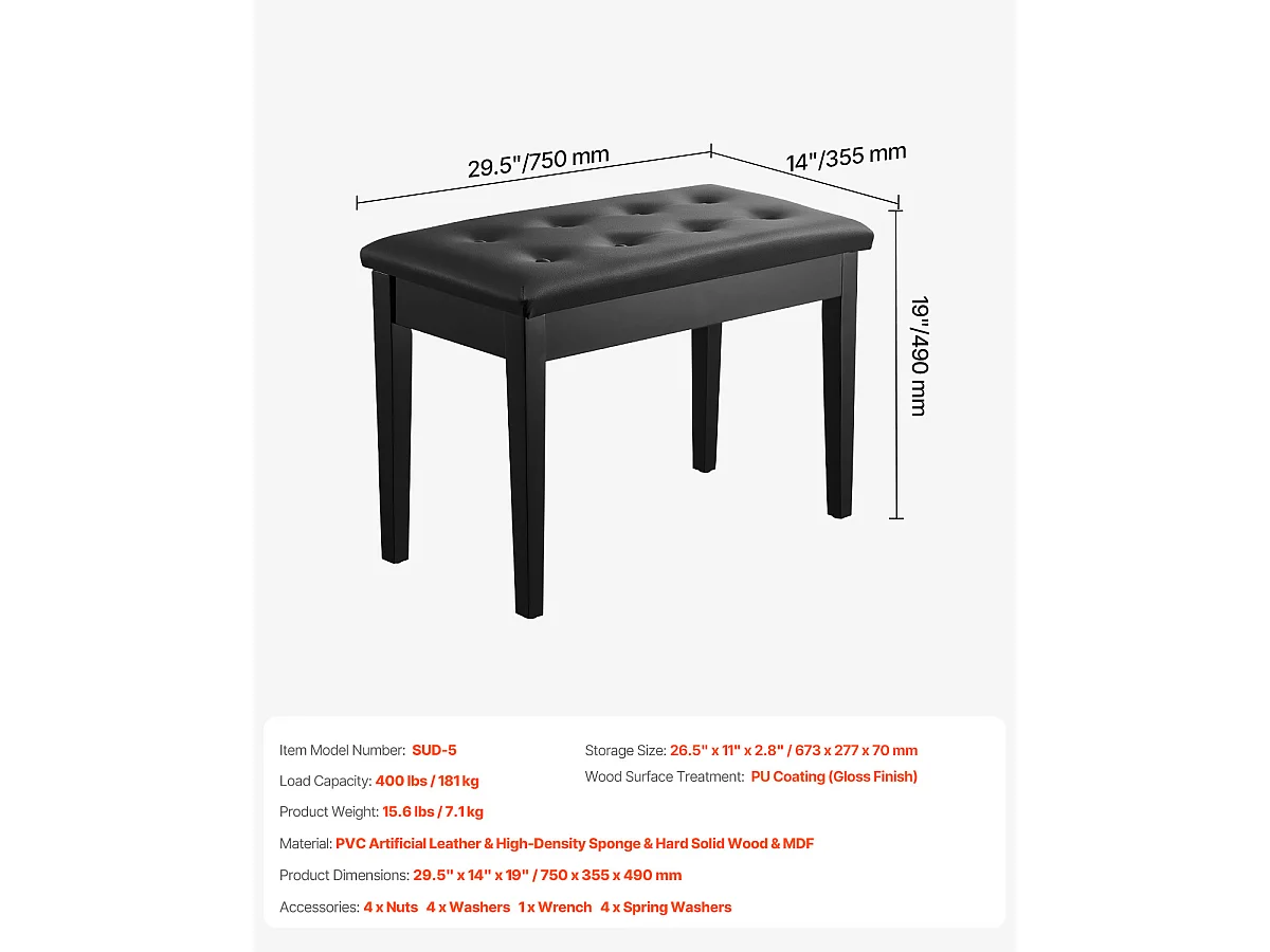Banc de Piano SucceBuy avec Siège Rembourré, Tabouret de Rangement en Bois, Meuble-Lavabo - Combinaison Élégante de Confort et de Rangement