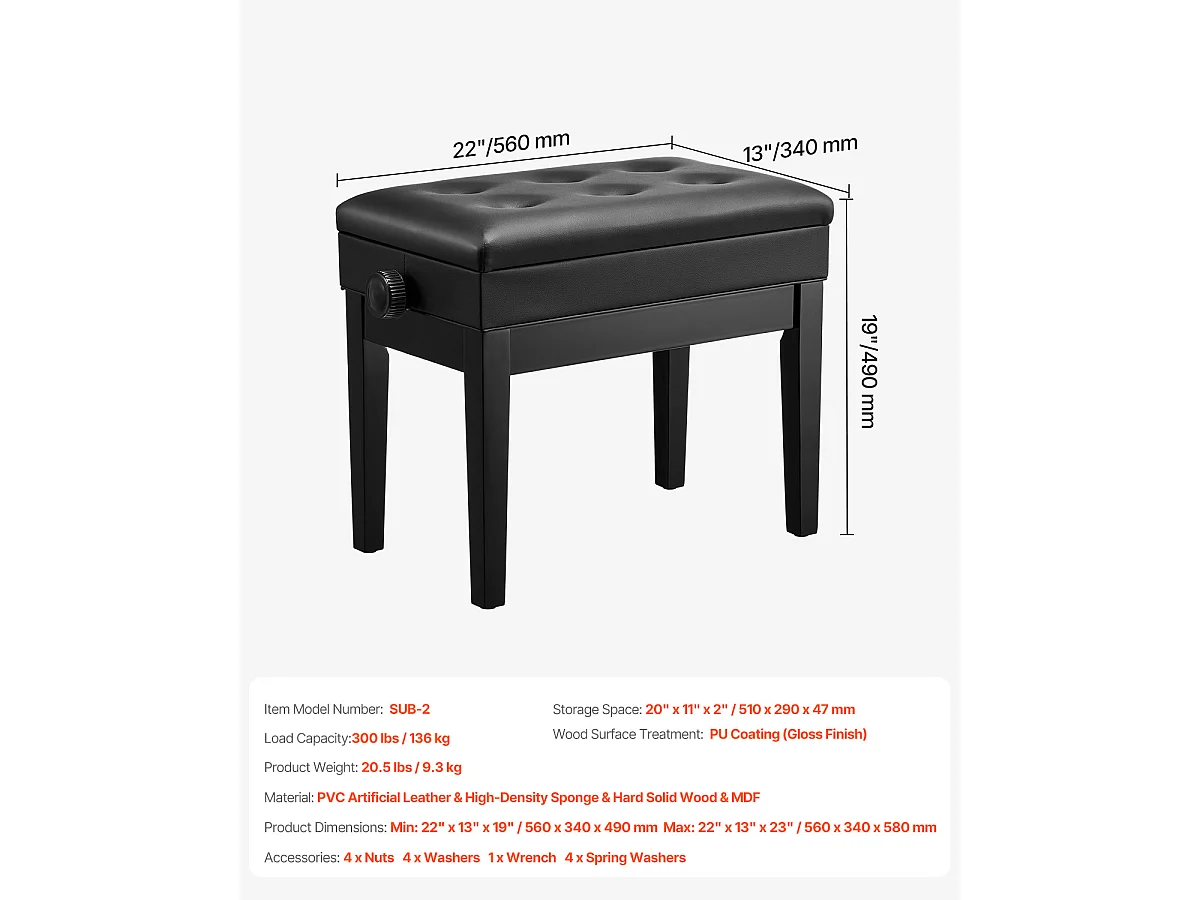Piano Bank Verstelbaar SucceBuy, Gestoften Zitting, Opbergkruk Hout - Comfort en Functionaliteit voor Pianisten