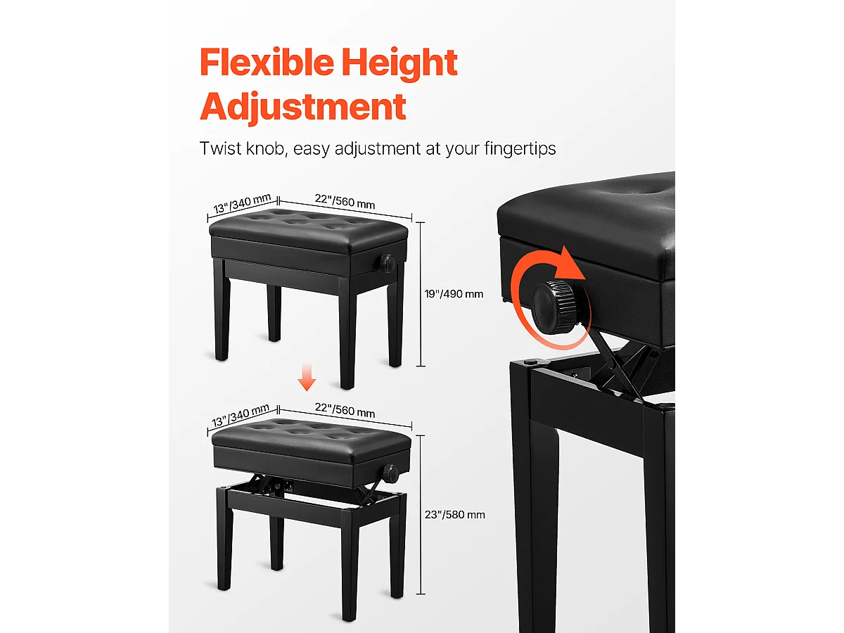 Piano Bank Verstelbaar SucceBuy, Gestoften Zitting, Opbergkruk Hout - Comfort en Functionaliteit voor Pianisten