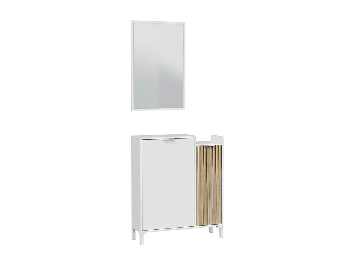 Mobile Da Ingresso Corridoio Con Specchio Set Casa Salvaspazio Con Ripiani Per Scarpe Chiavi Accessori In Legno Design Moderno Arredo 91 x 77 x 24Cm Bianco E Rovere