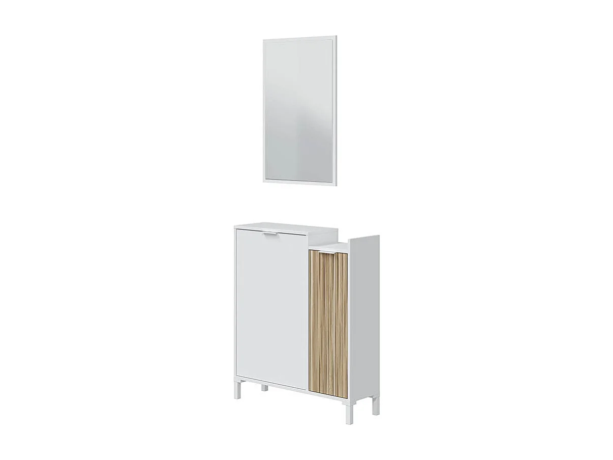 Mobile Da Ingresso Corridoio Con Specchio Set Casa Salvaspazio Con Ripiani Per Scarpe Chiavi Accessori In Legno Design Moderno Arredo 91 x 77 x 24Cm Bianco E Rovere