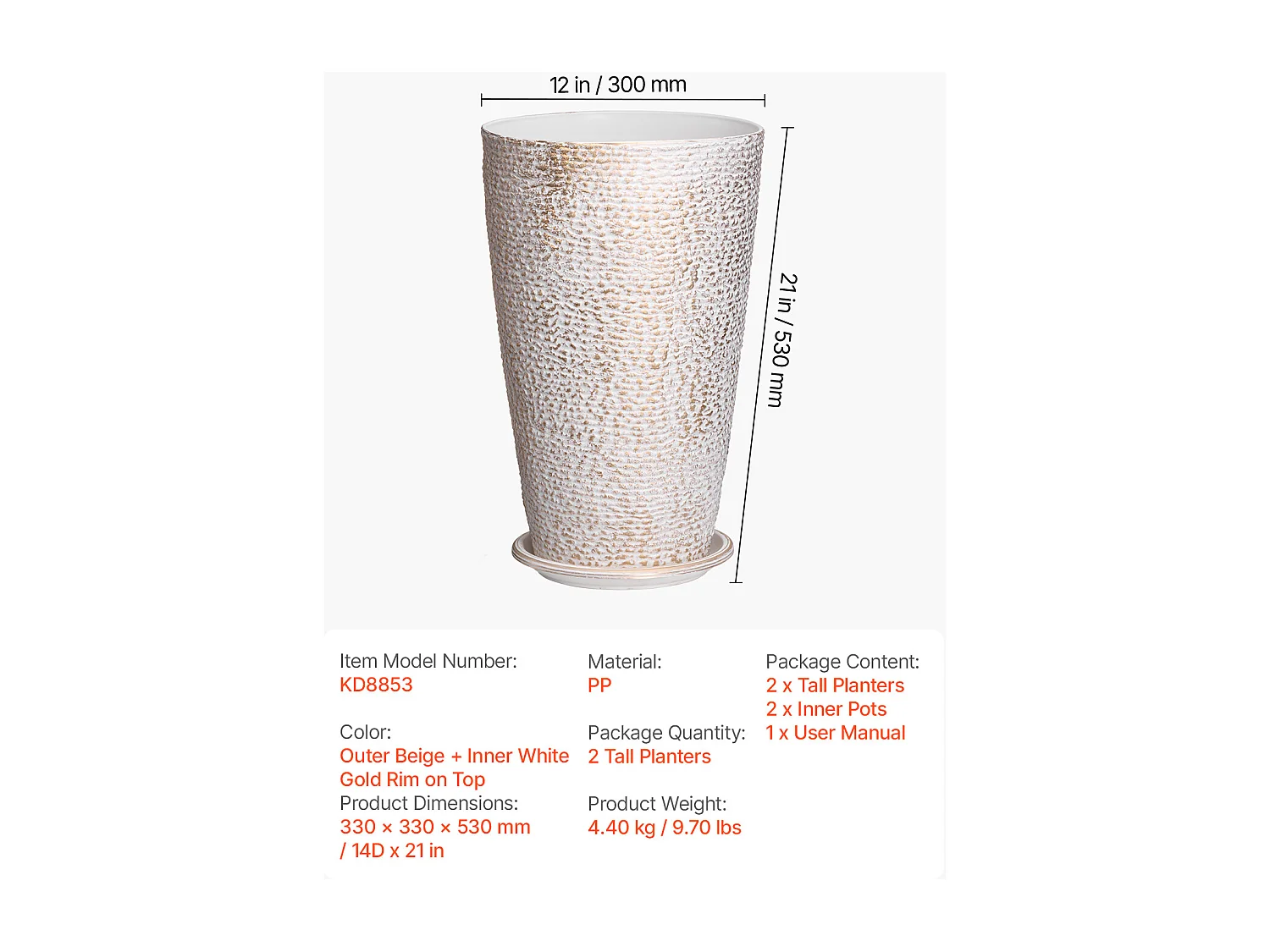 Vaso per Fiori SucceBuy, Confezione da 2 Vasi Rotondi Conici da 53 cm per Uso Esterno e Interno