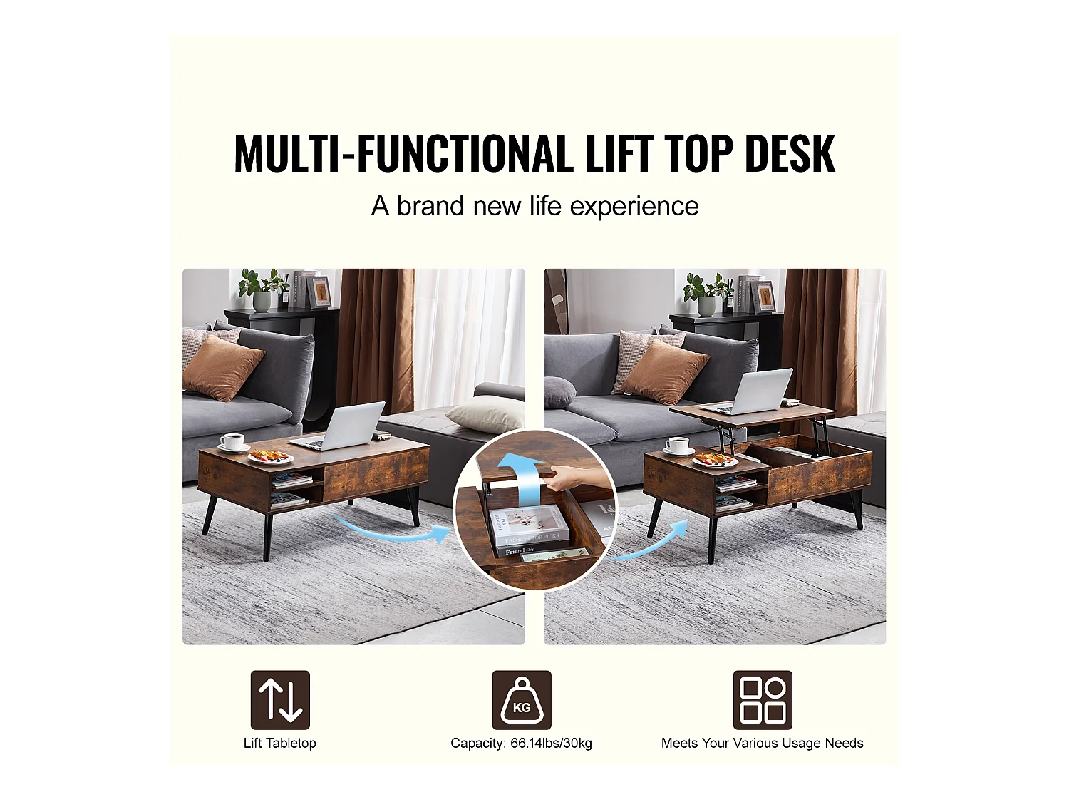 Table Basse avec Plateau Relevable SucceBuy Table Basse à Plateau Relevable 1 m Table Basse Rectangulaire pour Salon Marron