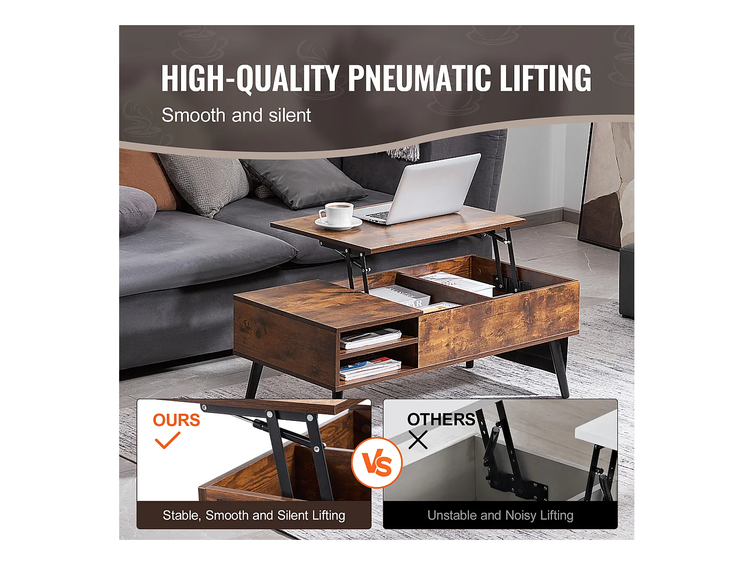 Table Basse avec Plateau Relevable SucceBuy Table Basse à Plateau Relevable 1 m Table Basse Rectangulaire pour Salon Marron