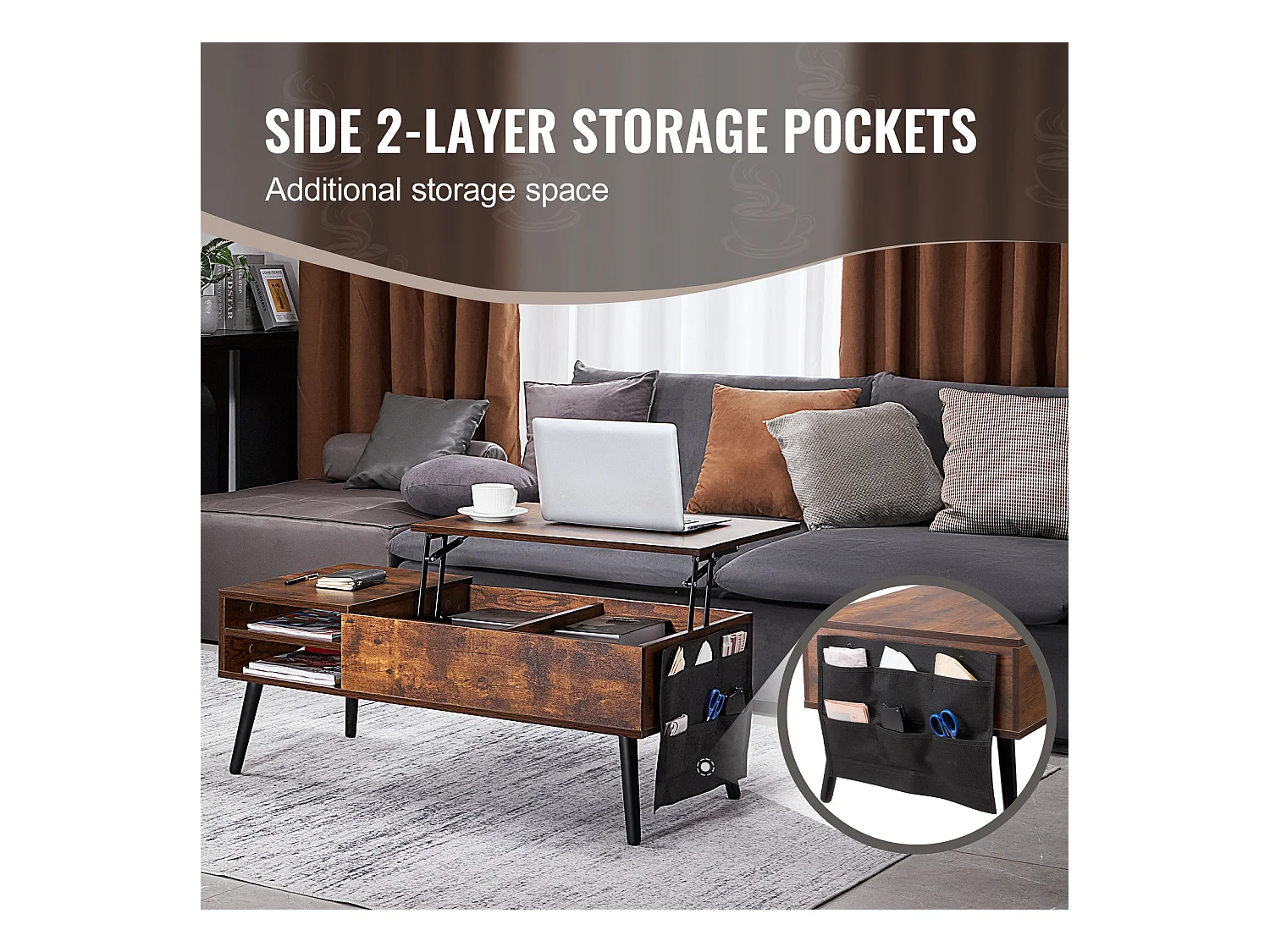 Table Basse avec Plateau Relevable SucceBuy Table Basse à Plateau Relevable 1 m Table Basse Rectangulaire pour Salon Marron