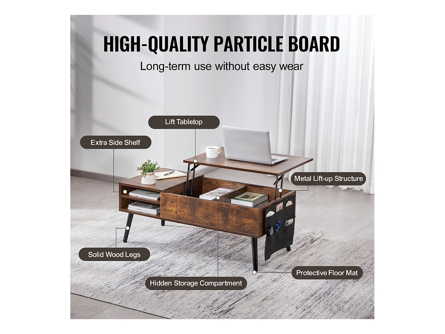 Table Basse avec Plateau Relevable SucceBuy Table Basse à Plateau Relevable 1 m Table Basse Rectangulaire pour Salon Marron