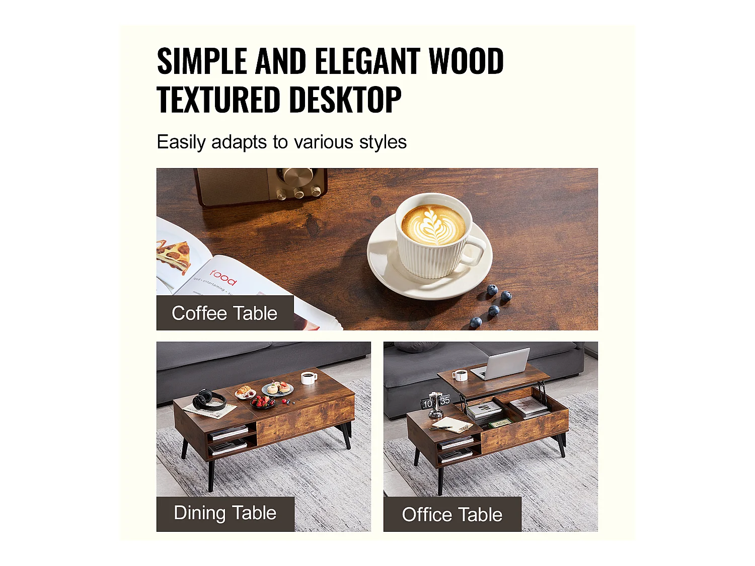 Table Basse avec Plateau Relevable SucceBuy Table Basse à Plateau Relevable 1 m Table Basse Rectangulaire pour Salon Marron