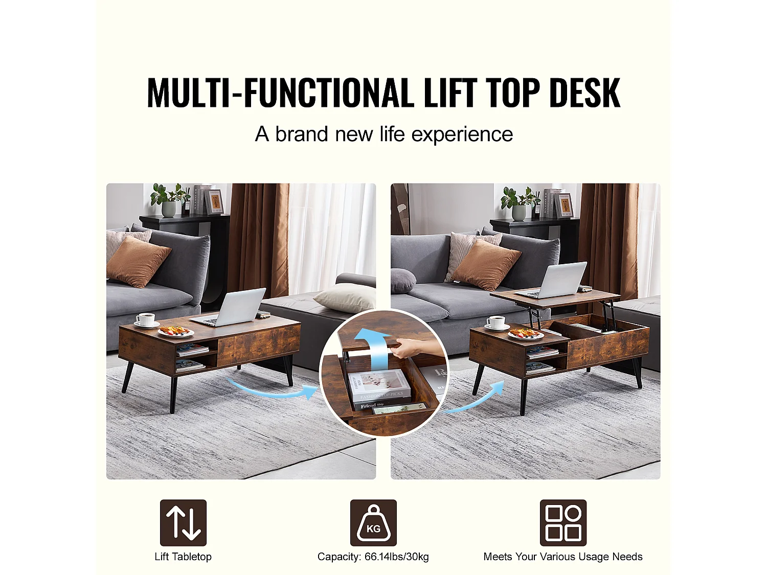 Table Basse avec Plateau Relevable SucceBuy Table Basse à Plateau Relevable 1 m Table Basse Rectangulaire pour Salon Marron