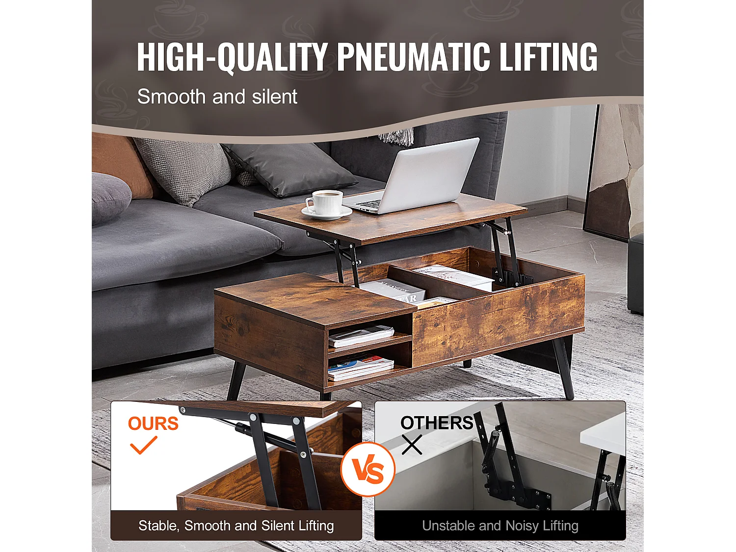 Table Basse avec Plateau Relevable SucceBuy Table Basse à Plateau Relevable 1 m Table Basse Rectangulaire pour Salon Marron