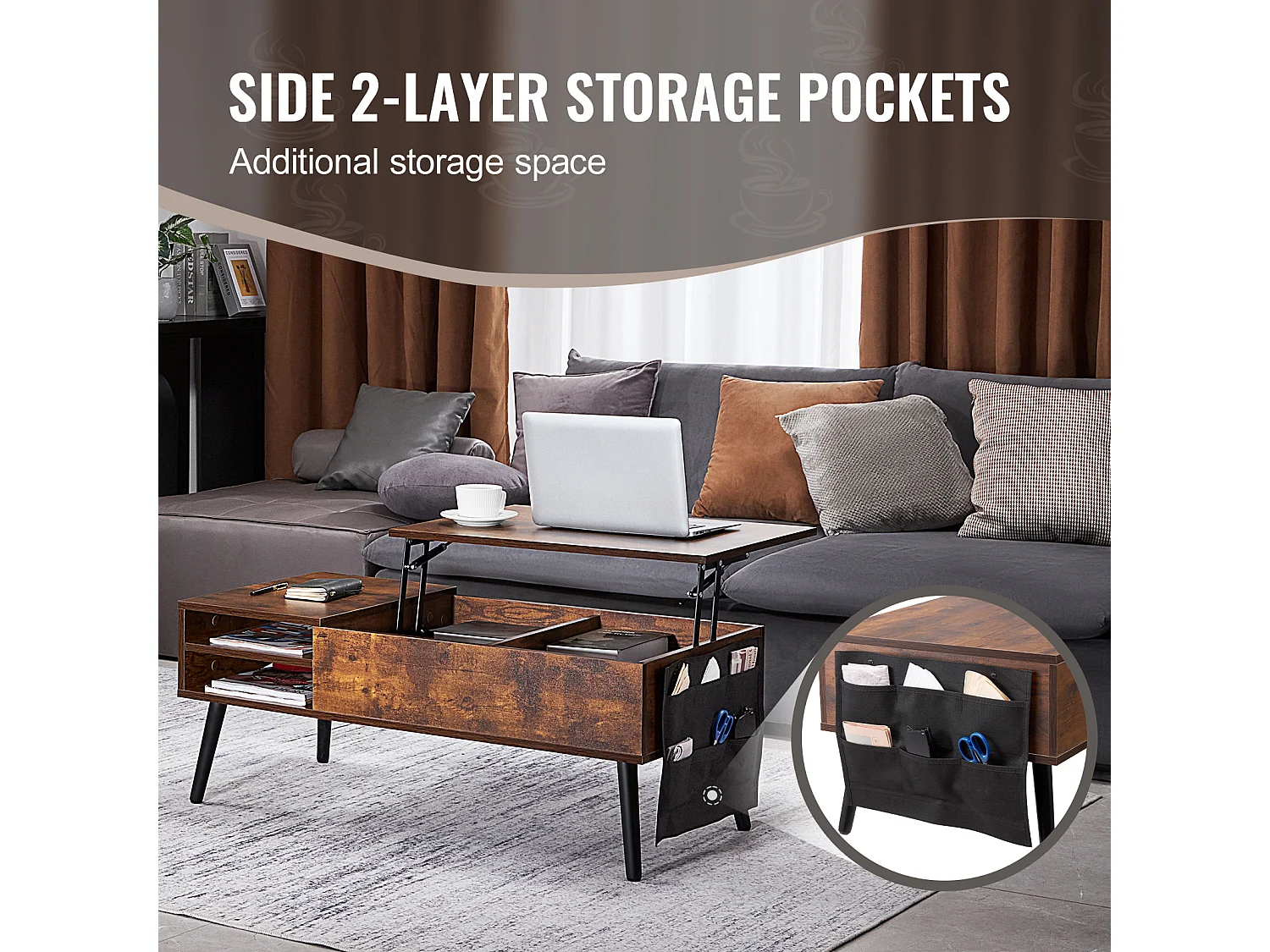 Table Basse avec Plateau Relevable SucceBuy Table Basse à Plateau Relevable 1 m Table Basse Rectangulaire pour Salon Marron