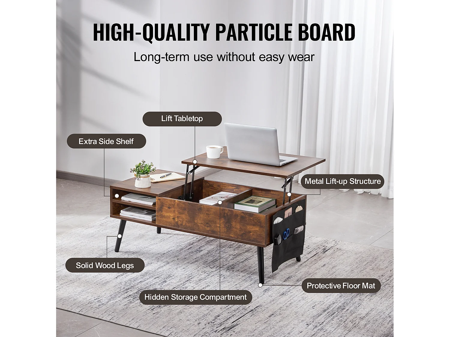 Table Basse avec Plateau Relevable SucceBuy Table Basse à Plateau Relevable 1 m Table Basse Rectangulaire pour Salon Marron