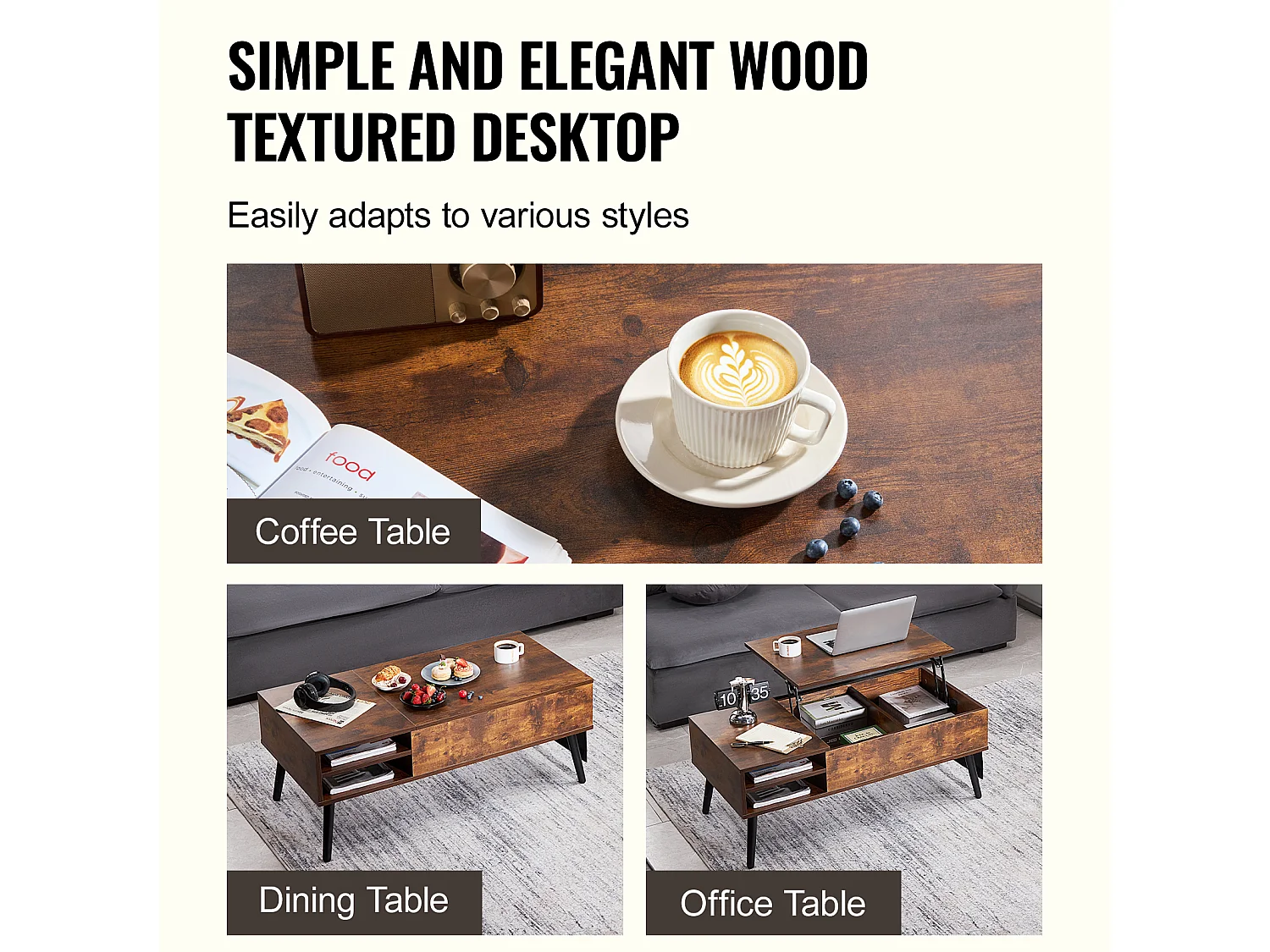 Table Basse avec Plateau Relevable SucceBuy Table Basse à Plateau Relevable 1 m Table Basse Rectangulaire pour Salon Marron