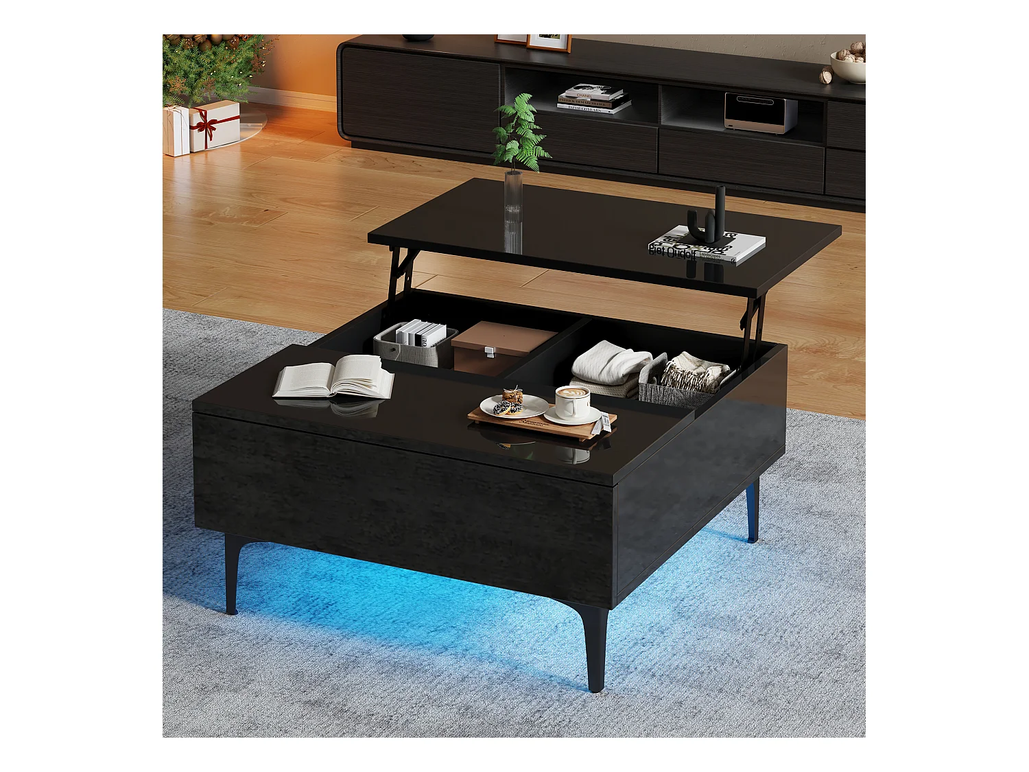 Table basse carré avec plateau relevable, 1 tiroir et compartiments caché, LED inclus, noir