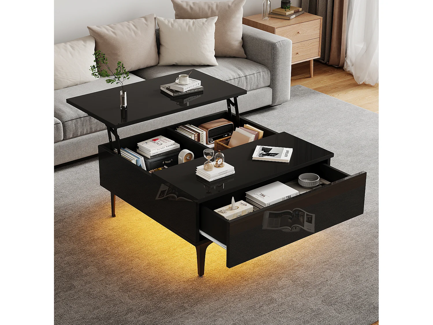 Mesa de centro cuadrada con tapa elevable, 1 cajón y compartimentos ocultos, LED incluido, color negro