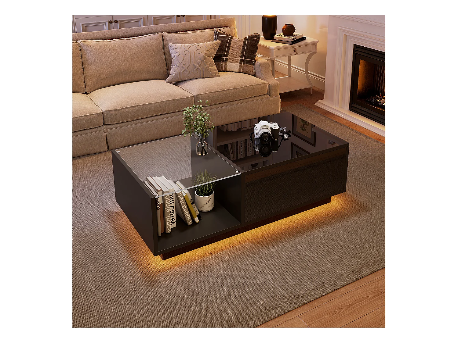 Mesa de centro com tampo elevatório e LED, armazenamento integrado, em laca preta brilhante