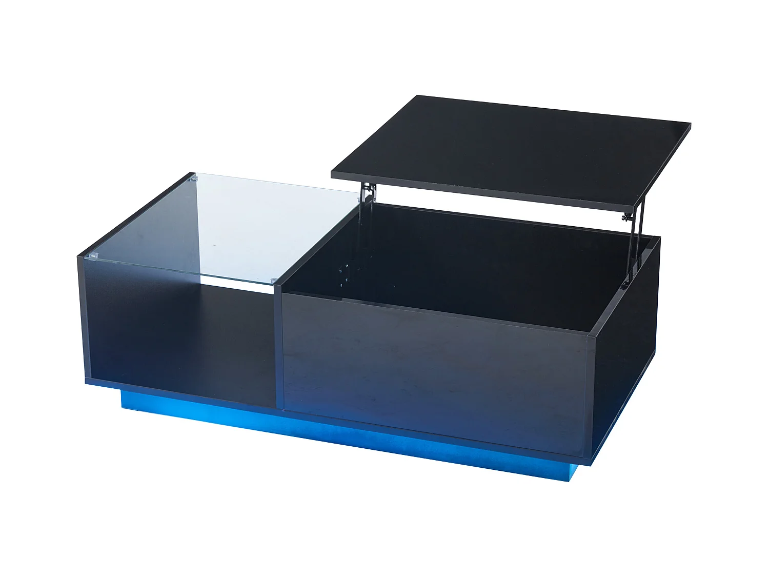 Mesa de centro com tampo elevatório e LED, armazenamento integrado, em laca preta brilhante