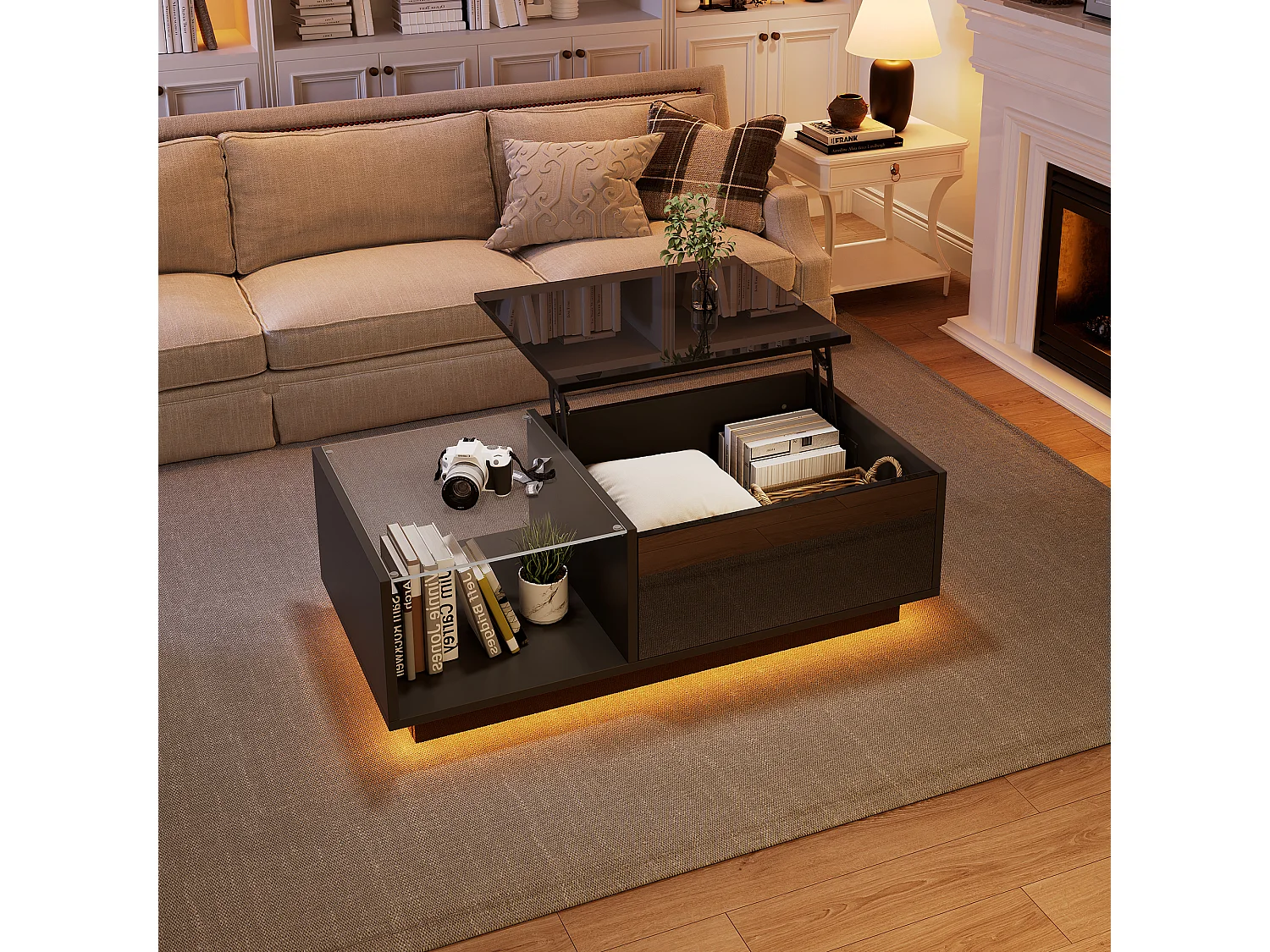 Table basse avec plateau relevable et LED, Rangement intégré, en noir laqué brillant
