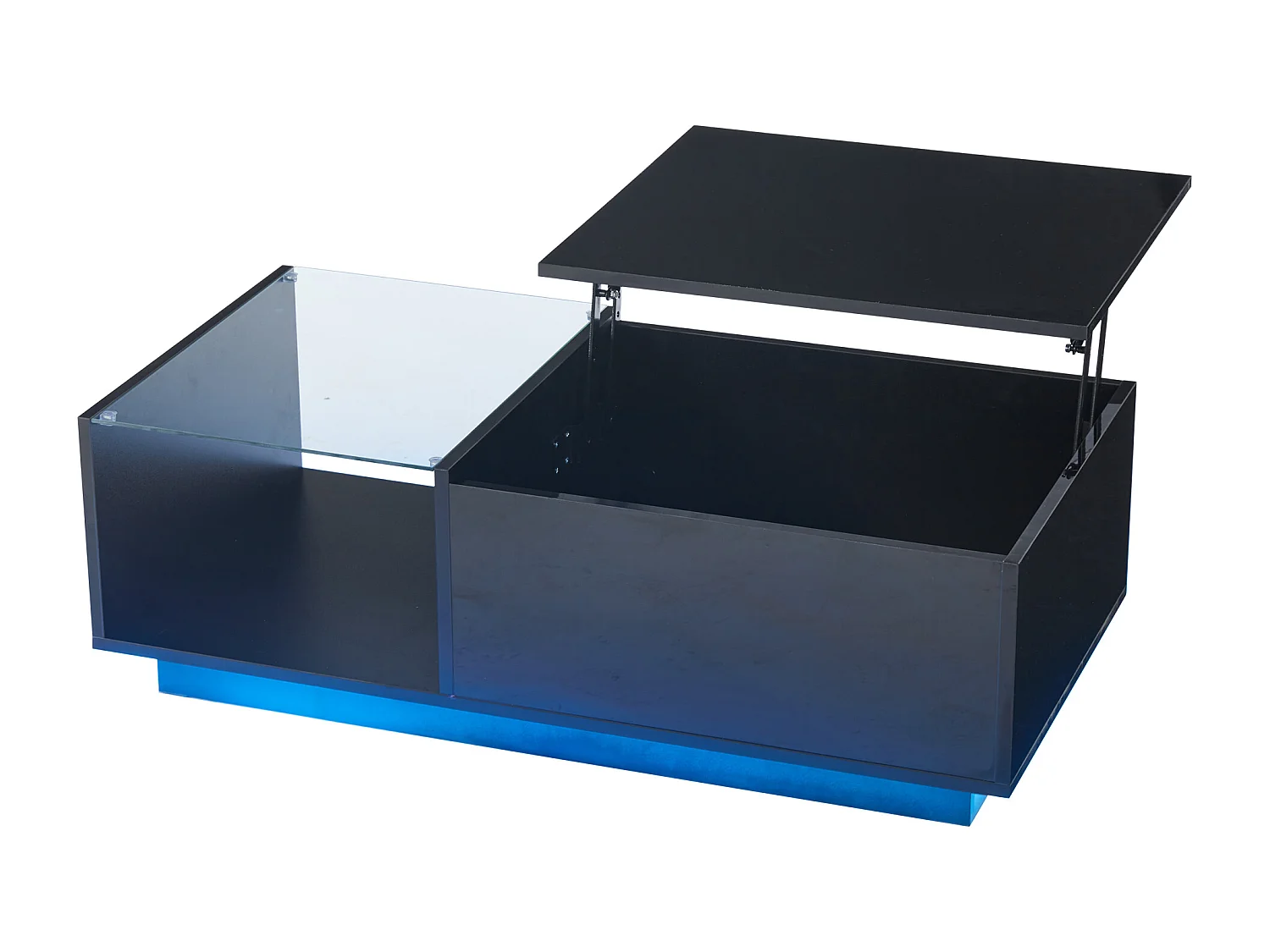 Table basse avec plateau relevable et LED, Rangement intégré, en noir laqué brillant